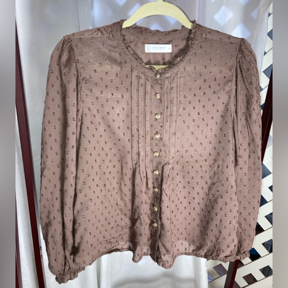 Lucky sz M Swiss Dot brown/taupe sheer blouse